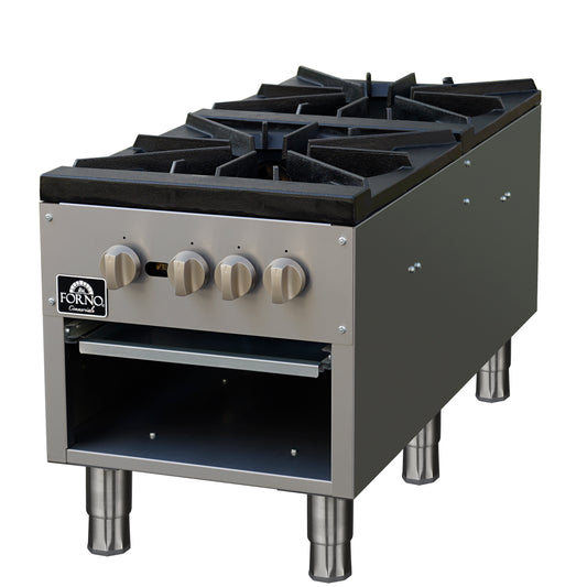Forno Commerciale gas stock pot range, 2 powerful 3-ring burners, 160,000 BTU, durable stainless steel, heavy-duty cast iron grates