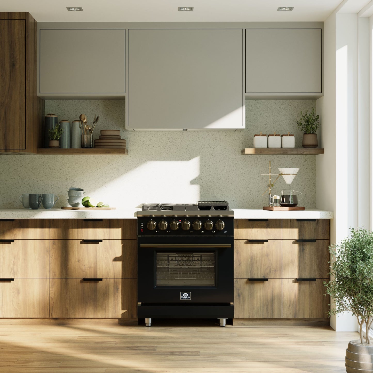 Forno Massimo 30-Inch Freestanding Dual Fuel Range in Black with Antique Brass Accessories, 4 Burners, 4.32 cu. ft. Convection Oven