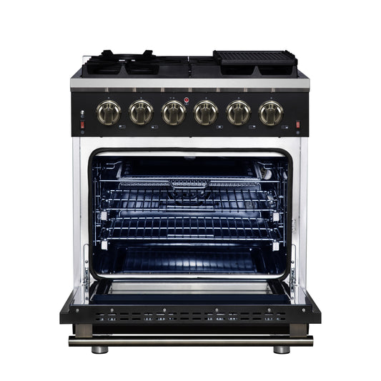 Forno Massimo 30-Inch Black Freestanding Gas Range, 5 Burners, True Convection Oven