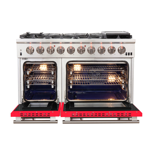 FORNO Capriasca 48-inch Gas Range Stainless Steel, 8 Brass Burners 160,000 BTU, 6.58 cu.ft. Double Oven, Red Doors