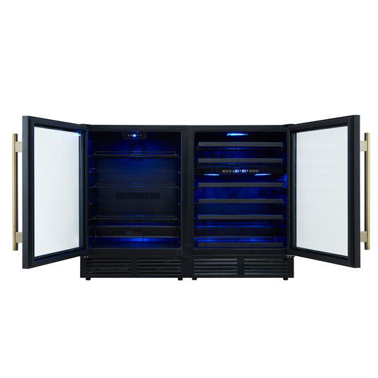 Gemello 48 Inch Side-by-Side Wine and Beverage Cooler in Black with Antique Brass Handles, French Door, 9.6 cu. ft.