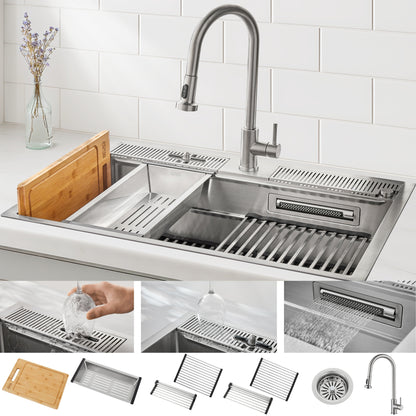FORNO ACQUA 33 in. Drop-In/Undermount 3-Level Workstation Sink with Faucet, Waterfall & Glass Rinser