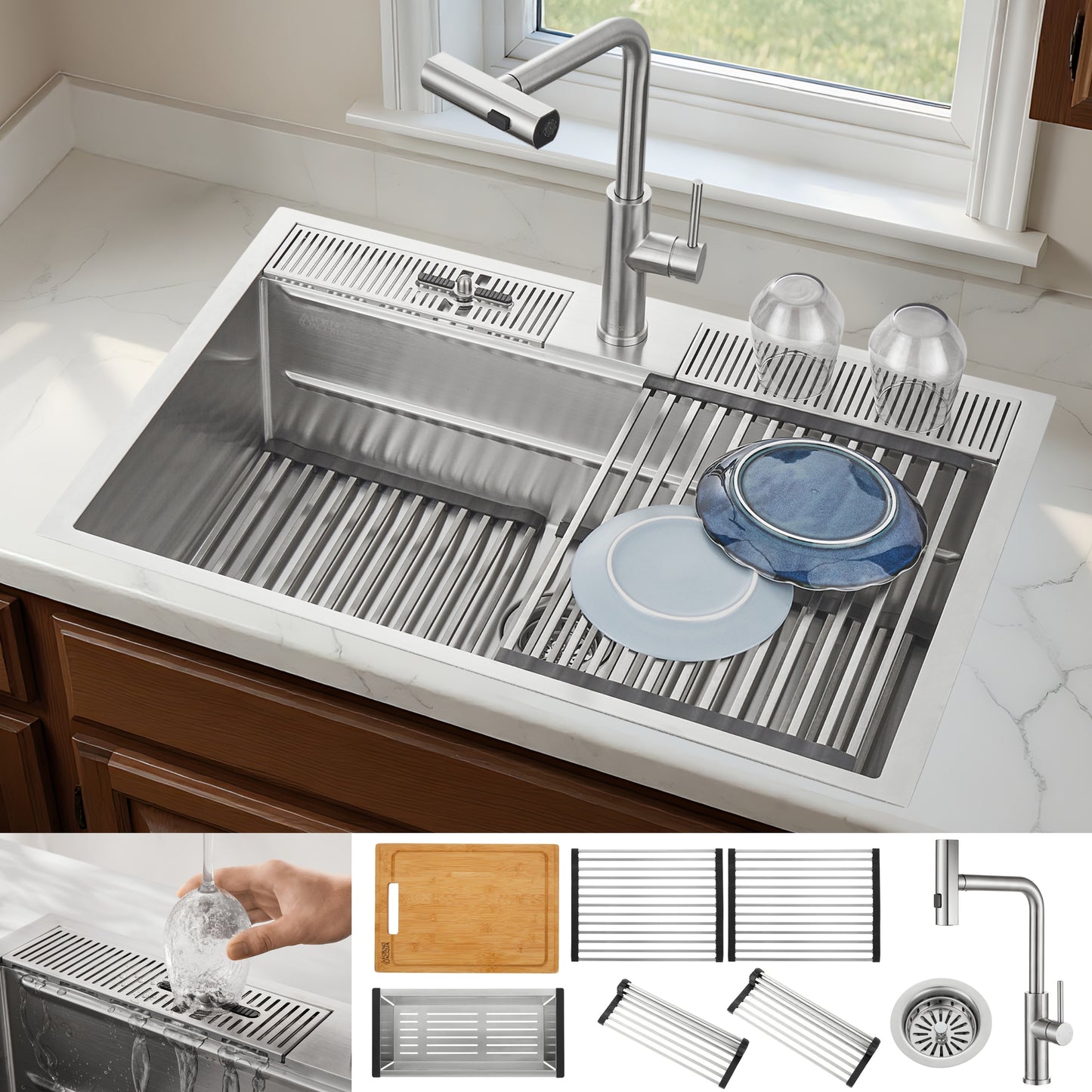 FORNO ACQUA 33 in. Drop-In/Undermount 3-Level Workstation Sink with Waterfall Faucet & Glass Rinser