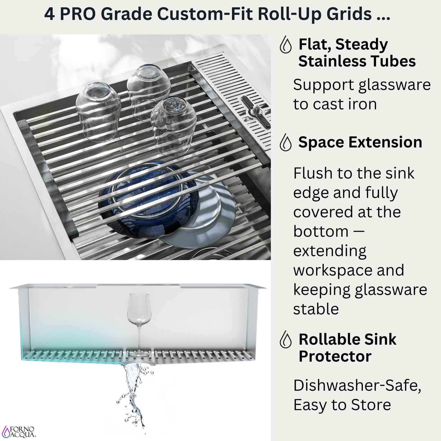 FORNO ACQUA 33 in. Drop-In/Undermount 3-Level Workstation Sink with Faucet, Waterfall & Glass Rinser