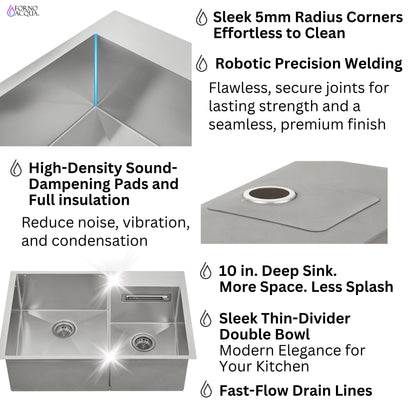 FORNO ACQUA 33 in. Drop-In/Undermount 40/60 Double Bowl Sink with Retractable Faucet & Waterfall