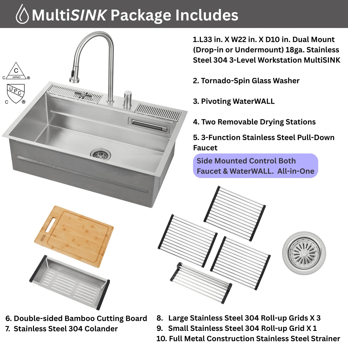 FORNO ACQUA 33 in. Drop-In/Undermount 3 Level Workstation Sink with Faucet, Waterfall & Glass Rinser