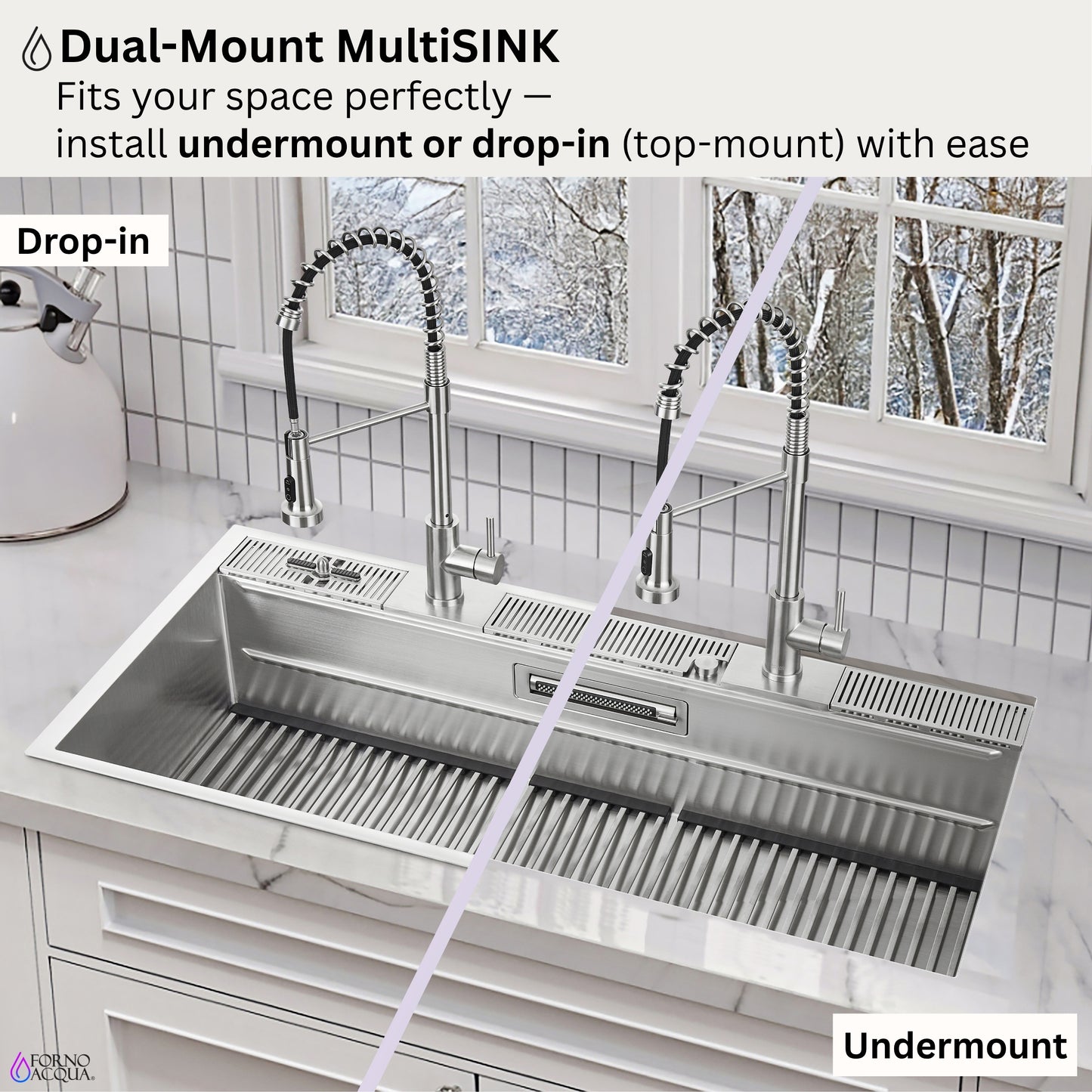 FORNO ACQUA 45 in. Drop-In/Undermount 3-Level Workstation Sink with Two Faucets & Glass Rinser