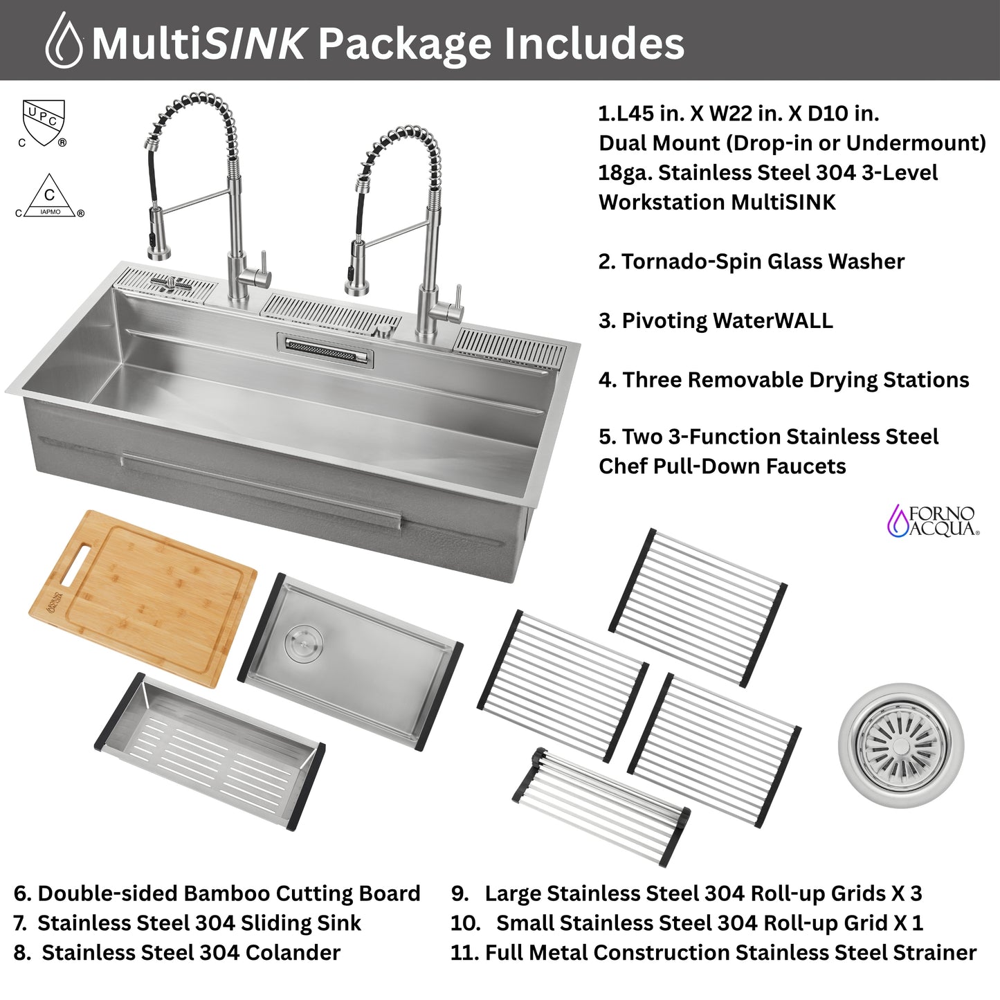 FORNO ACQUA 45 in. Drop-In/Undermount 3-Level Workstation Sink with Two Faucets & Glass Rinser