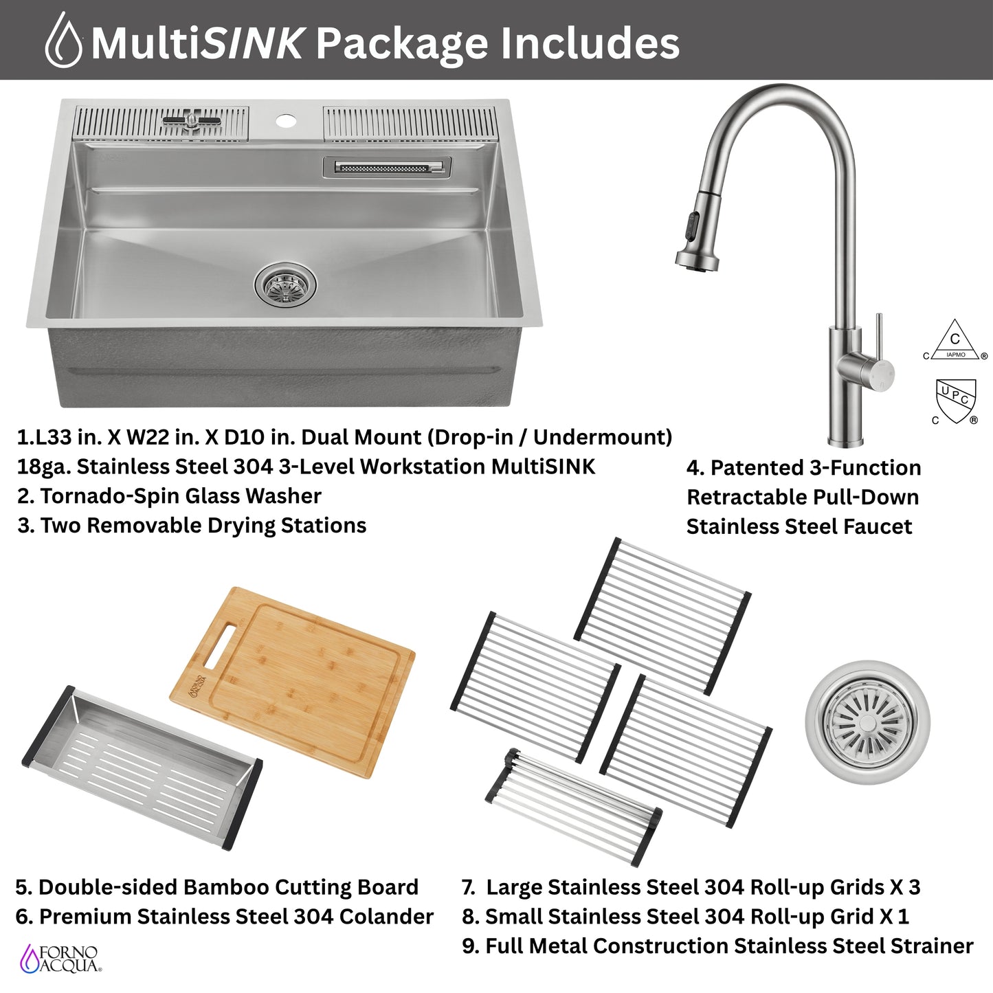 FORNO ACQUA 33 in. Drop-In/Undermount 3-Level Workstation with Retractable Faucet & Glass Rinser