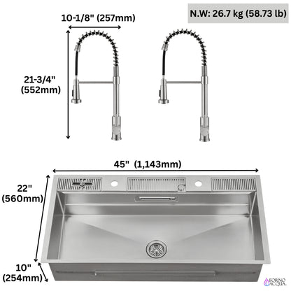 FORNO ACQUA 45 in. Drop-In/Undermount 3-Level Workstation Sink with Two Faucets & Glass Rinser