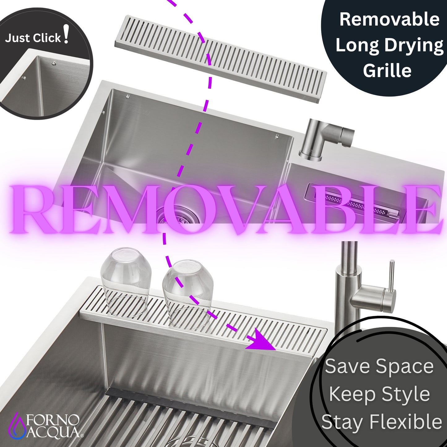 FORNO ACQUA 33 in. Drop-In/Undermount 40/60 Double Bowl Sink with Retractable Faucet & Waterfall