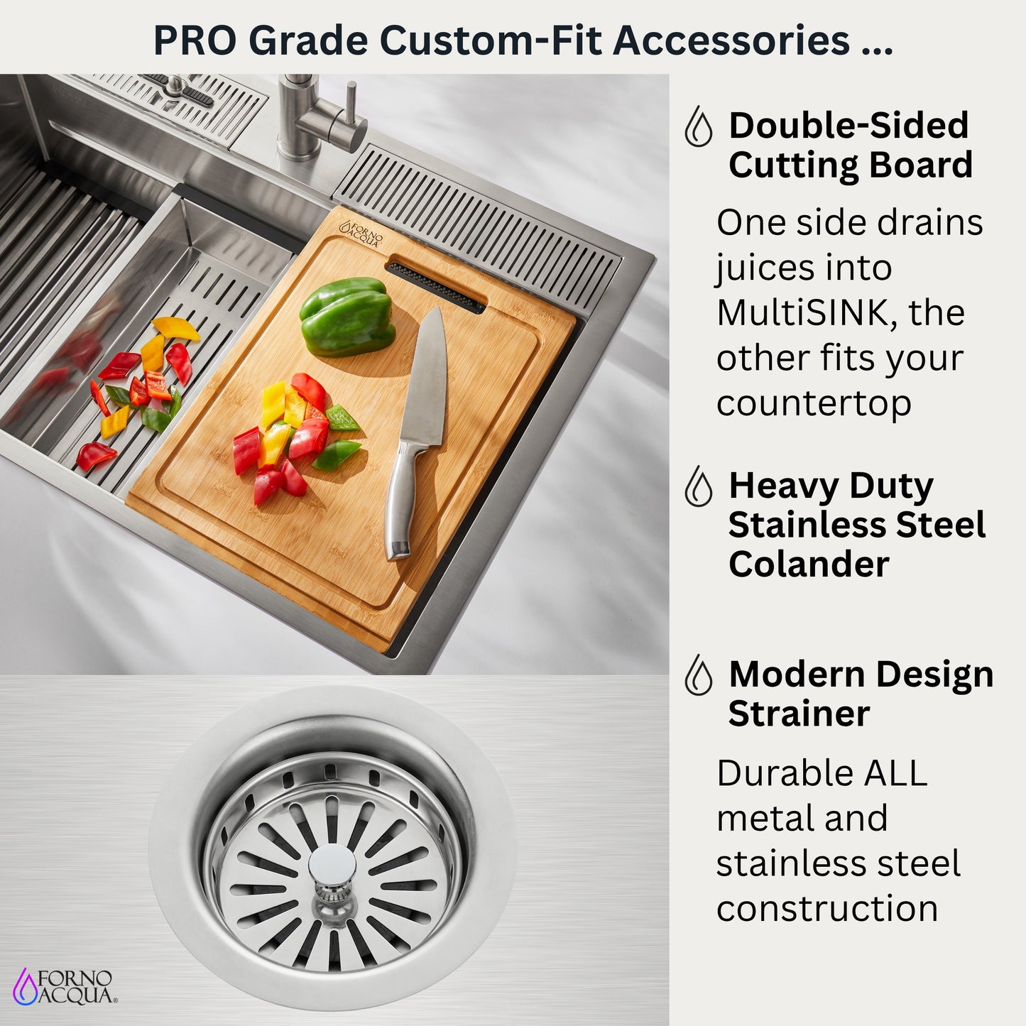 FORNO ACQUA 33 in. Drop-In/Undermount 3-Level Workstation with Retractable Faucet & Glass Rinser