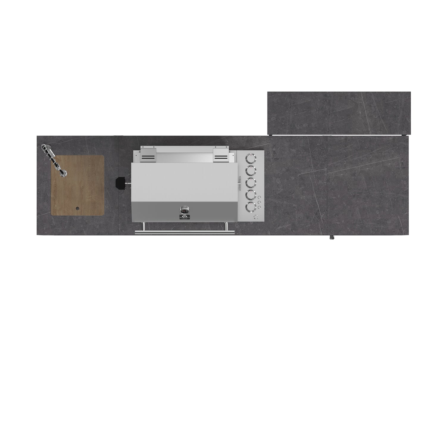 Forno Rimini Outdoor Kitchen 30" BBQ 62,600 BTU, 3 Burners with Sear & Rotisserie, 2.4 cu.ft. Beverage Center, Stainless Steel Sink, Black Cabinets & Gray Sintered Stone Countertop