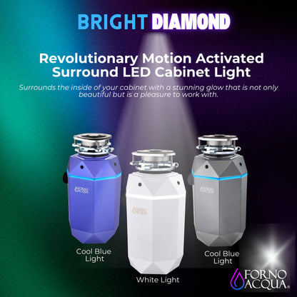 FORNO ACQUA BrightDIAMOND Moonstone 1HP Super Quiet Garbage Disposal Corded with Motion Sensor Cabinet Light & Pre-Wired Air Switch