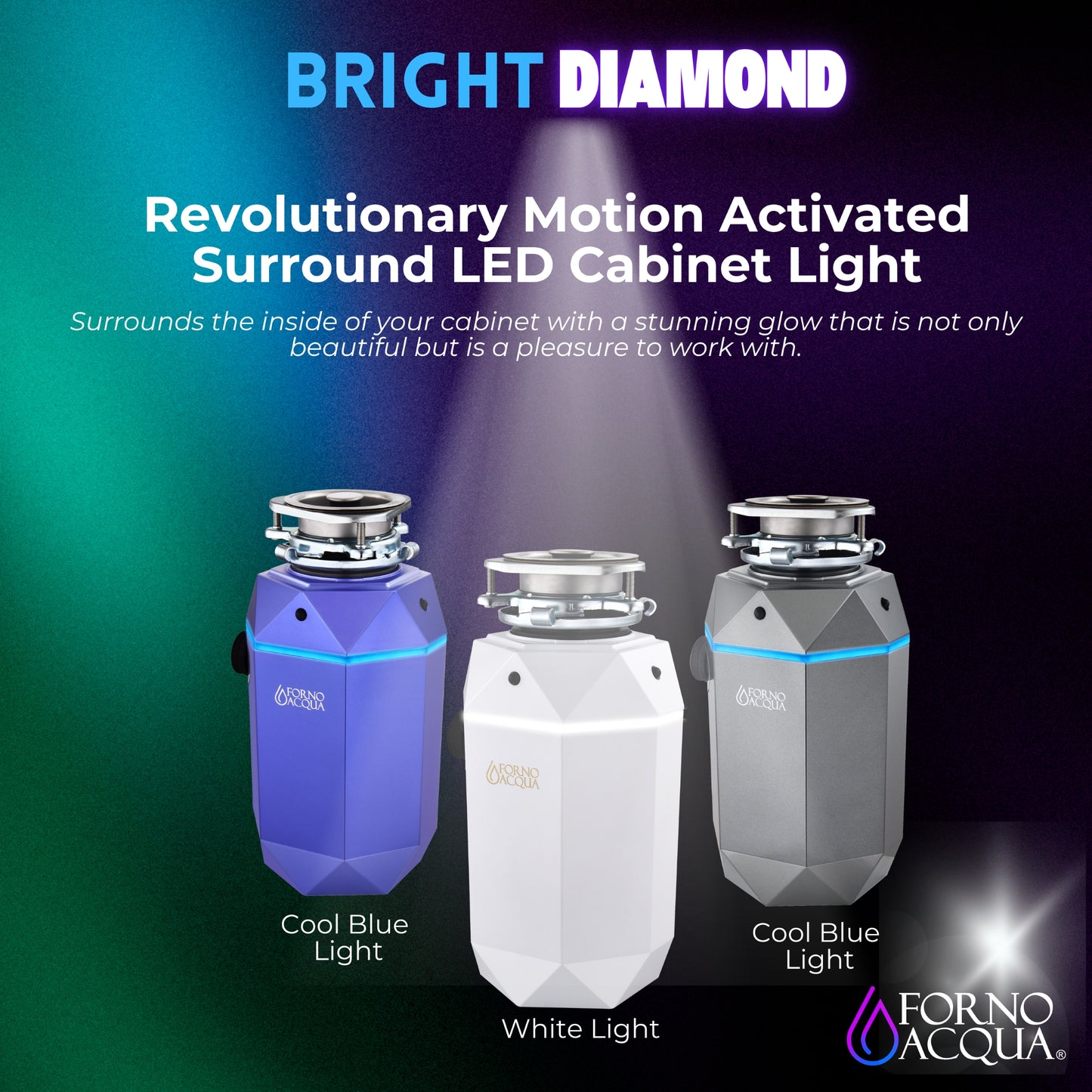 FORNO ACQUA BrightDIAMOND Moonstone 3/4HP Super Quiet Garbage Disposal Corded with Motion Sensor Cabinet Light & Pre-Wired Air Switch