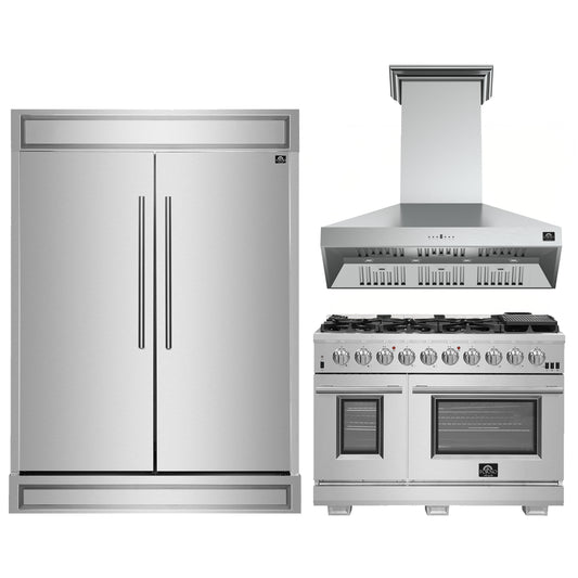 FORNO Premium 3-Piece Kitchen Bundle - FORNO Capriasca 48" Freestanding Gas Range, FORNO Maderno 60" 2-Piece Convertible Refrigerator/Freezer Built-In with Decorative Grill Trim, 27.2 cu.ft., FORNO Orvieto 48" Wall Mount Range Hood - FBDL-019-07CAUS