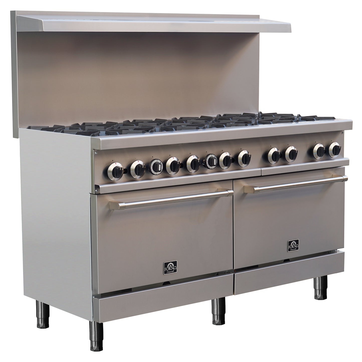 Forno Commerciale 60 Inch Stainless Steel Gas Range, 10 Burners 300,000 BTU Total, 9.3 cu.ft. Ovens