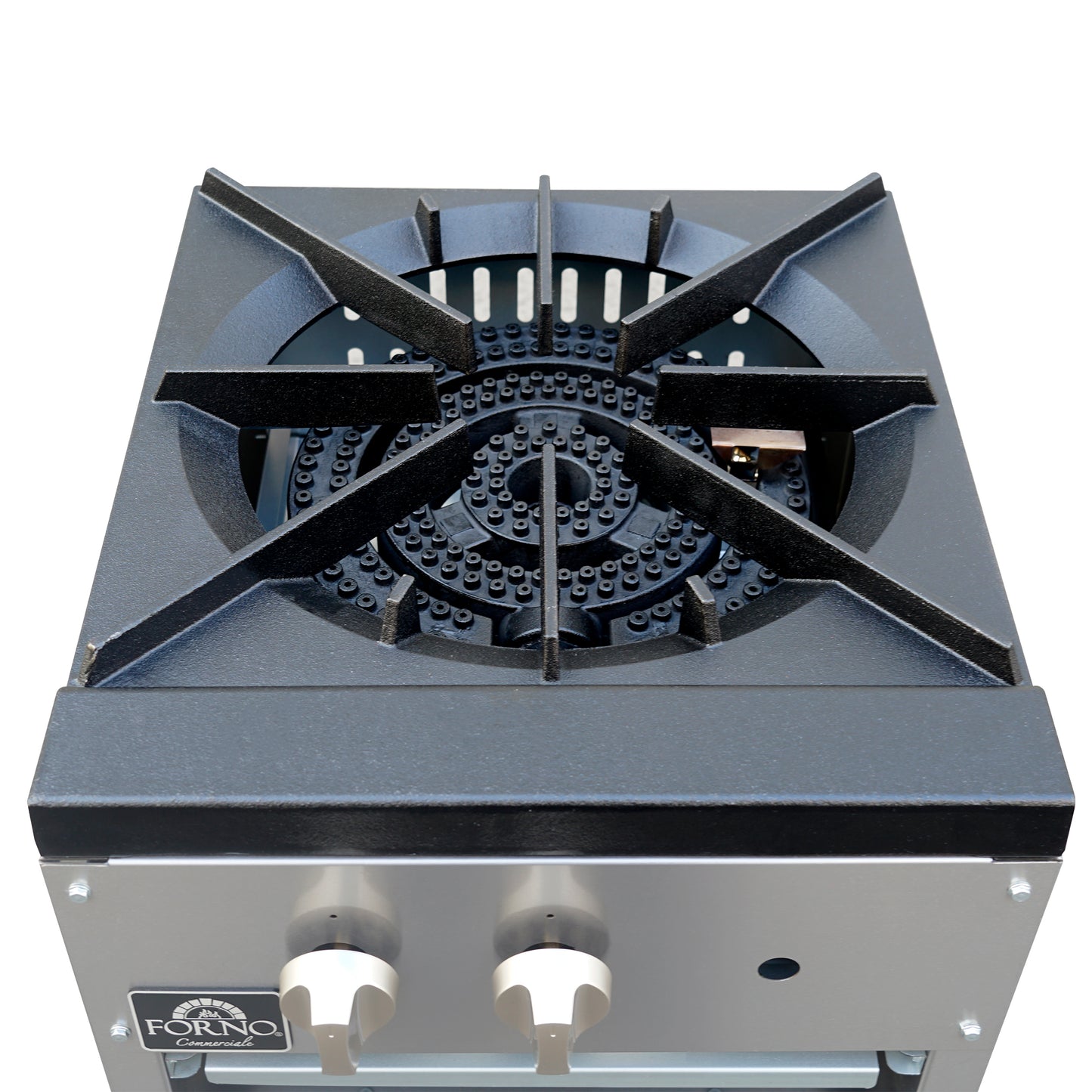 Forno Commerciale gas stock pot range, 1 powerful 3-ring burner, 80,000 BTU, durable stainless steel, heavy-duty cast iron grate