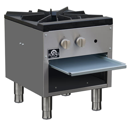 Forno Commerciale gas stock pot range, 1 powerful 3-ring burner, 80,000 BTU, durable stainless steel, heavy-duty cast iron grate