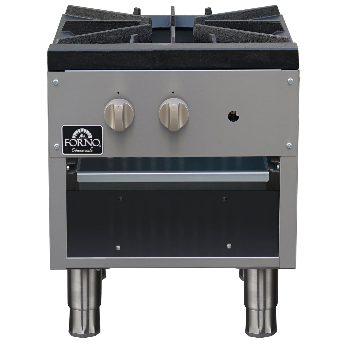 Forno Commerciale gas stock pot range, 1 powerful 3-ring burner, 80,000 BTU, durable stainless steel, heavy-duty cast iron grate