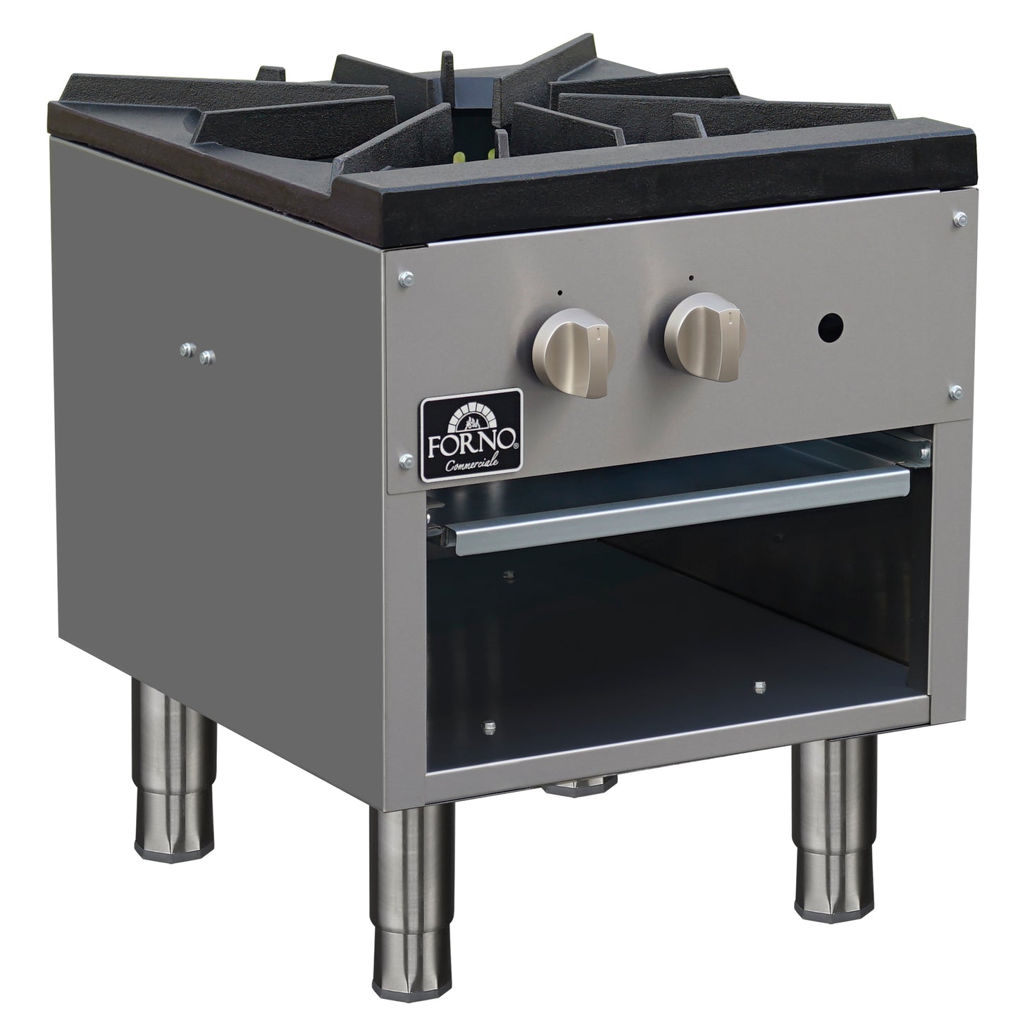Forno Commerciale gas stock pot range, 1 powerful 3-ring burner, 80,000 BTU, durable stainless steel, heavy-duty cast iron grate