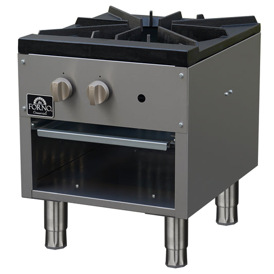Forno Commerciale gas stock pot range, 1 powerful 3-ring burner, 80,000 BTU, durable stainless steel, heavy-duty cast iron grate