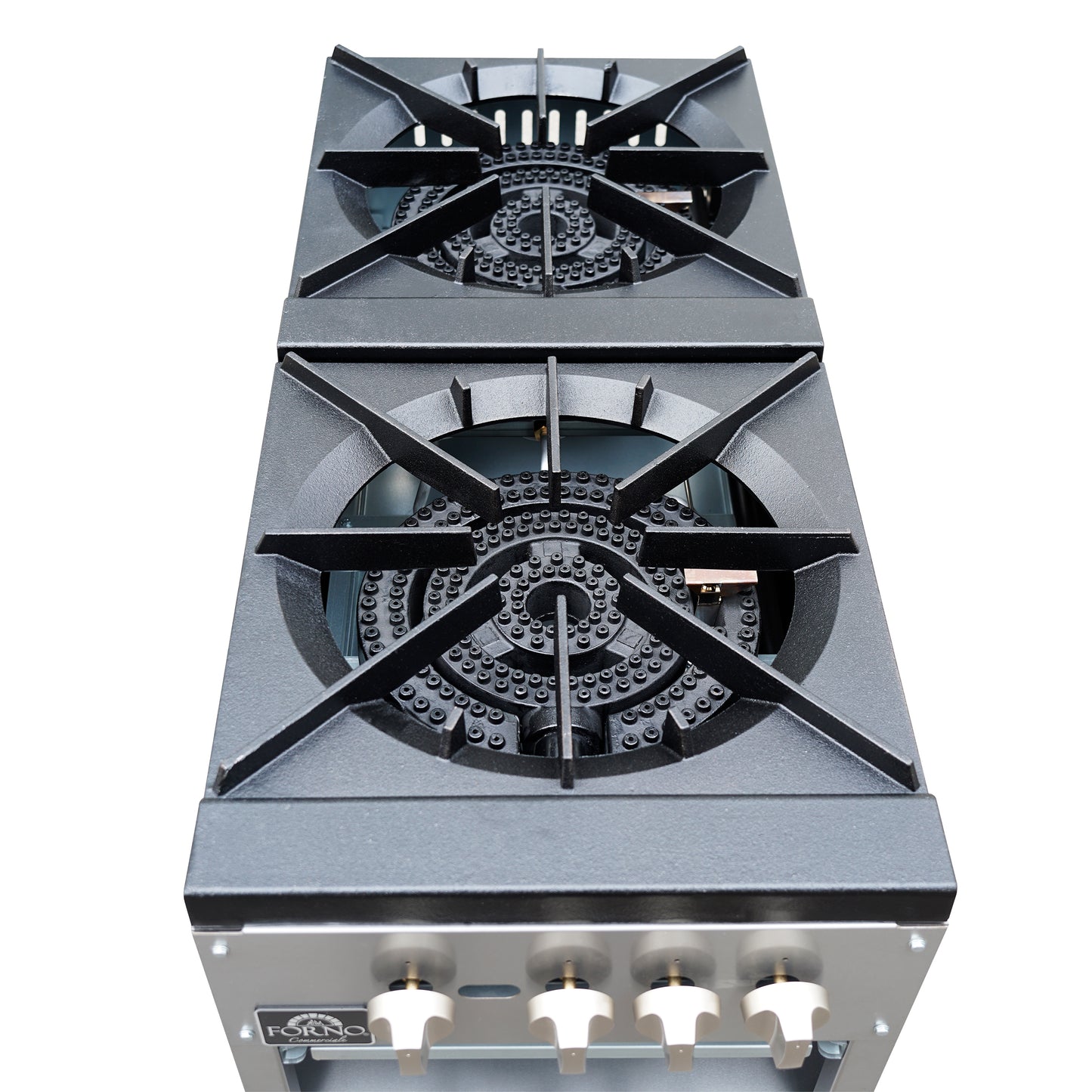 Forno Commerciale gas stock pot range, 2 powerful 3-ring burners, 160,000 BTU, durable stainless steel, heavy-duty cast iron grates