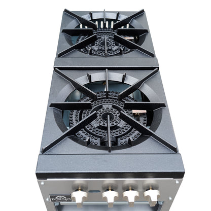 Forno Commerciale gas stock pot range, 2 powerful 3-ring burners, 160,000 BTU, durable stainless steel, heavy-duty cast iron grates