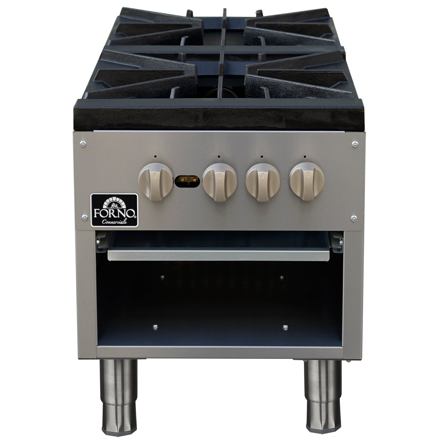 Forno Commerciale gas stock pot range, 2 powerful 3-ring burners, 160,000 BTU, durable stainless steel, heavy-duty cast iron grates