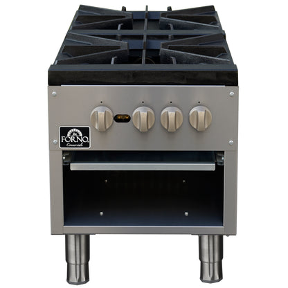 Forno Commerciale gas stock pot range, 2 powerful 3-ring burners, 160,000 BTU, durable stainless steel, heavy-duty cast iron grates