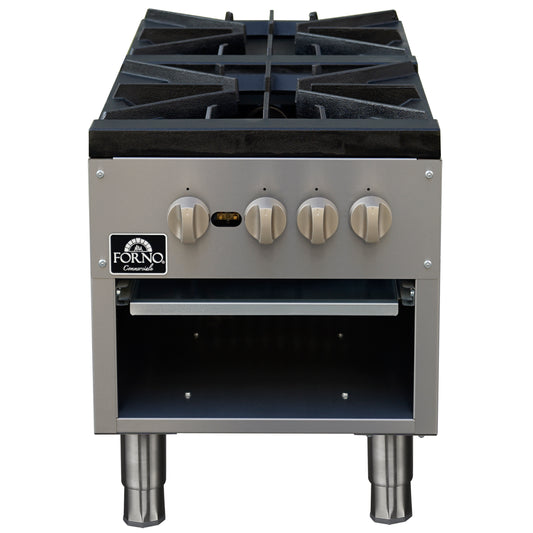 Forno Commerciale gas stock pot range, 2 powerful 3-ring burners, 160,000 BTU, durable stainless steel, heavy-duty cast iron grates