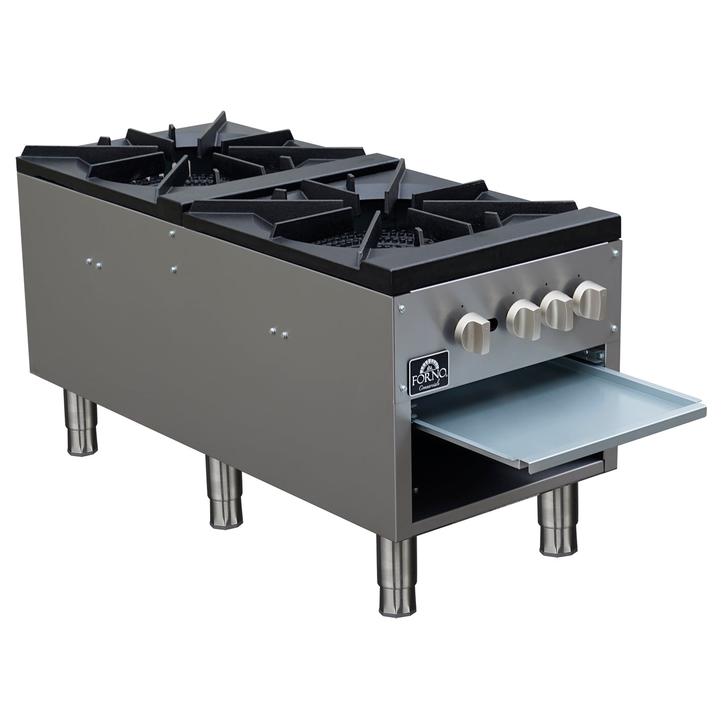 Forno Commerciale gas stock pot range, 2 powerful 3-ring burners, 160,000 BTU, durable stainless steel, heavy-duty cast iron grates