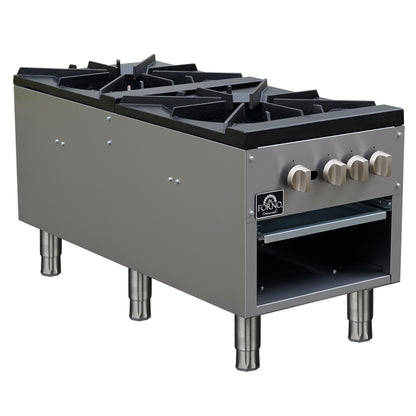 Forno Commerciale gas stock pot range, 2 powerful 3-ring burners, 160,000 BTU, durable stainless steel, heavy-duty cast iron grates