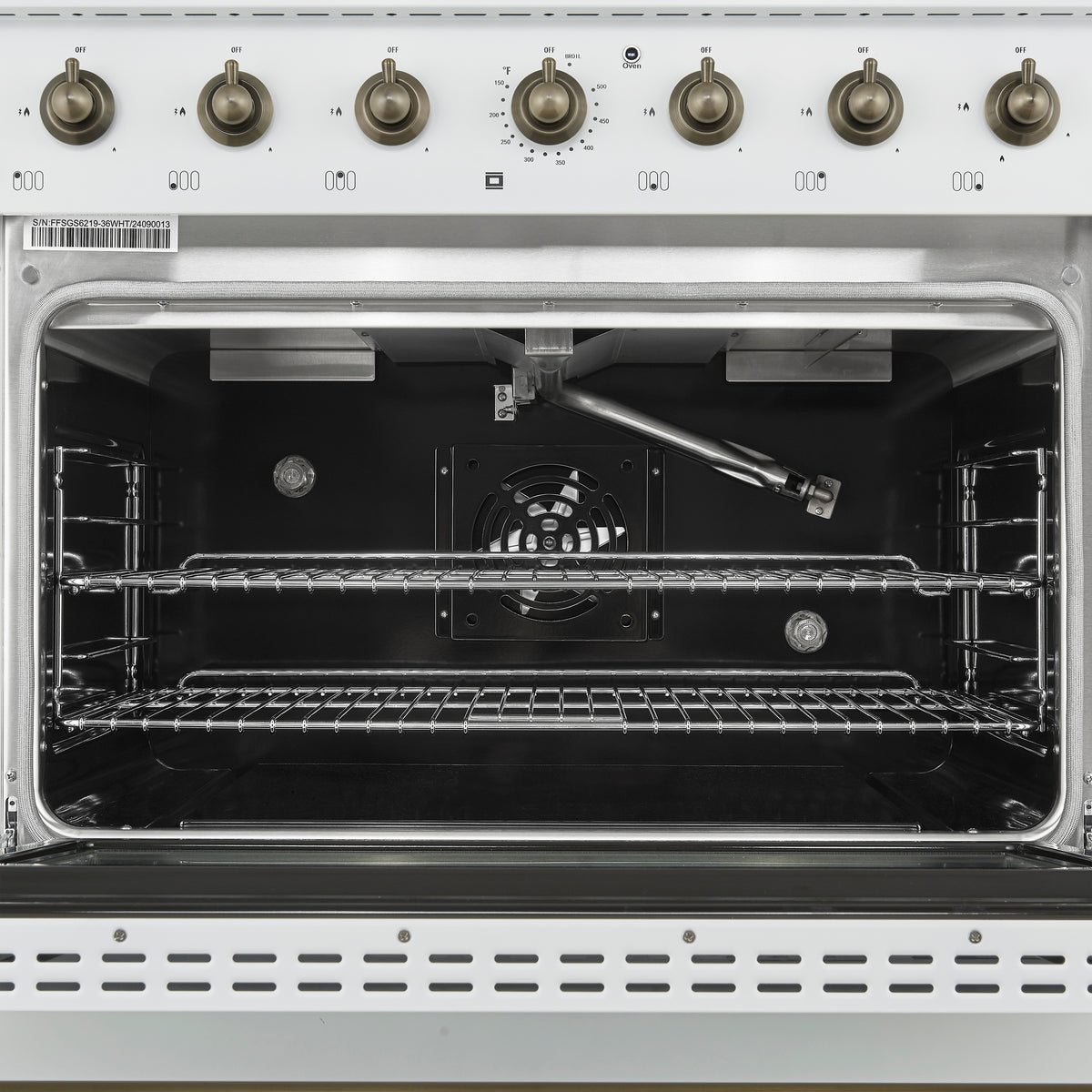 Forno Antico 36-inch Dual Fuel Range White and Antique Brass Design with 6 Sealed Gas Burners and Electric Convection Oven