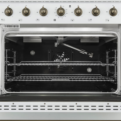 Forno Antico 36-inch Dual Fuel Range White and Antique Brass Design with 6 Sealed Gas Burners and Electric Convection Oven