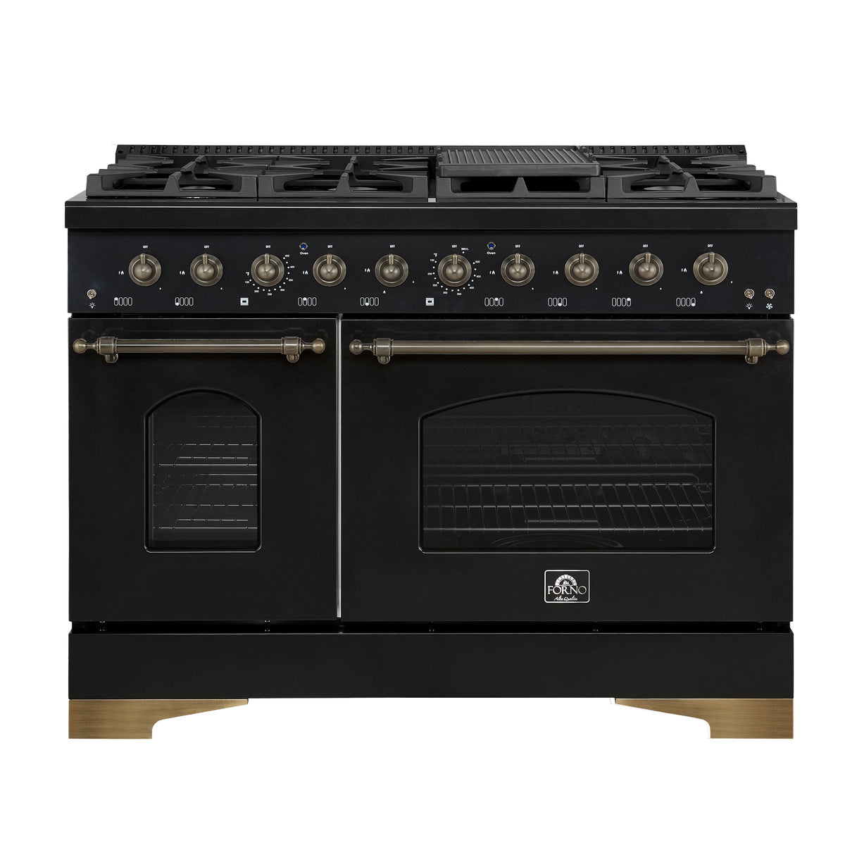 Forno Antico 48-Inch Dual Fuel Range, Black with Antique Brass Finish, 8 Burners, 94,000 BTU, 5.5 cu.ft. Double Ovens & Griddle