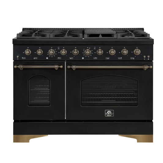 Forno Antico 48-Inch Dual Fuel Range, Black with Antique Brass Finish, 8 Burners, 94,000 BTU, 5.5 cu.ft. Double Ovens & Griddle