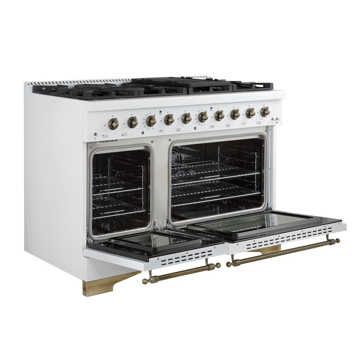 Forno Antico 48-Inch Dual Fuel Range, White with Antique Brass Finish, 8 Burners, 94,000 BTU, 5.5 cu.ft. Double Ovens & Griddle