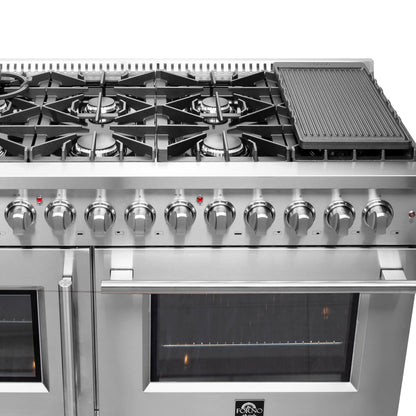 FORNO Galiano 48-Inch French Door Dual Fuel Range All Stainless Steel, 8 Sealed Burners, 107,000 BTU, Griddle, 6.58 cu.ft. Double Ovens