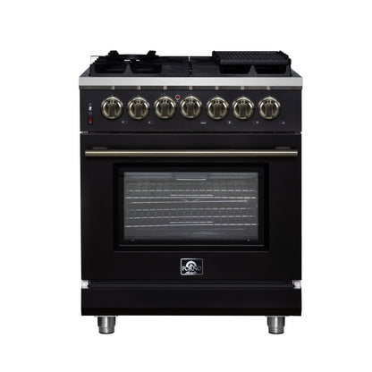 Forno Massimo 30-Inch Freestanding Dual Fuel Range in Black with Antique Brass Accessories, 4 Burners, 4.32 cu. ft. Convection Oven