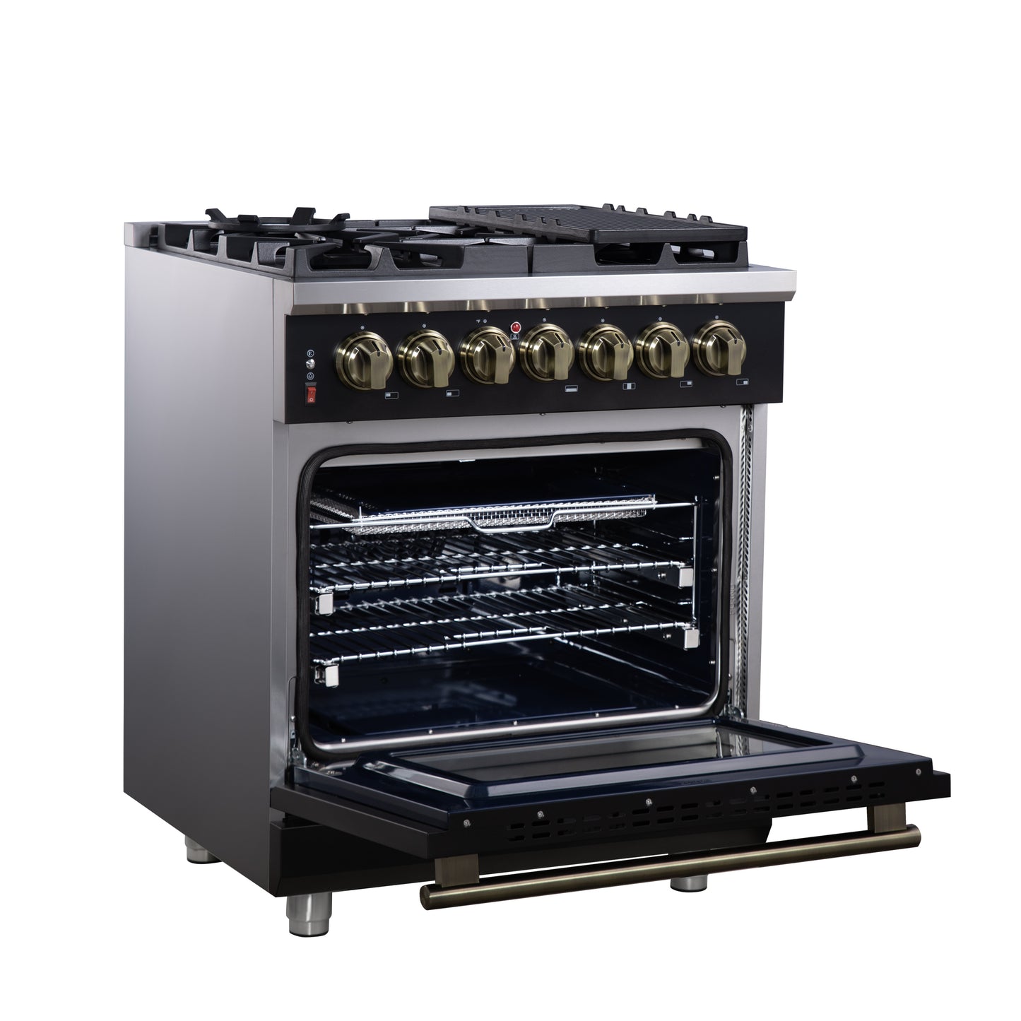 Forno Massimo 30-Inch Freestanding Dual Fuel Range in Black with Antique Brass Accessories, 4 Burners, 4.32 cu. ft. Convection Oven