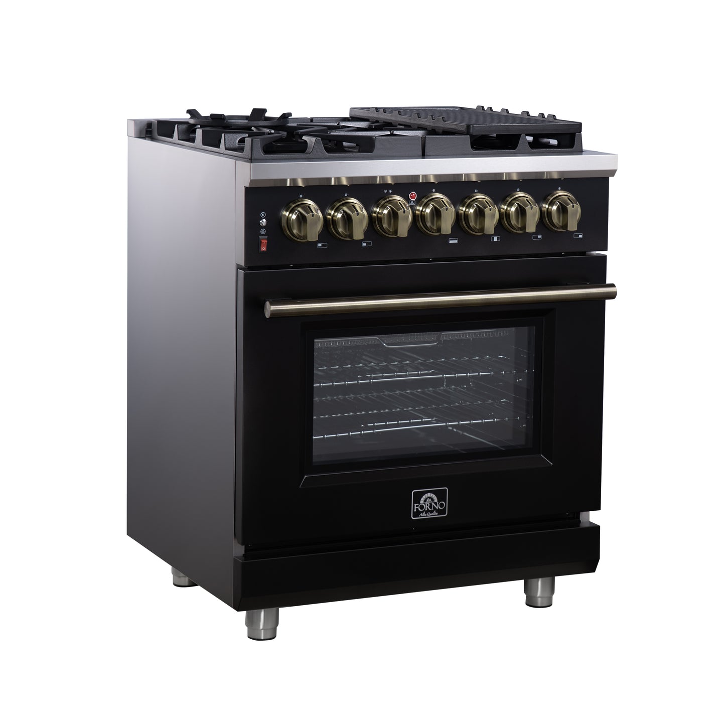 Forno Massimo 30-Inch Freestanding Dual Fuel Range in Black with Antique Brass Accessories, 4 Burners, 4.32 cu. ft. Convection Oven