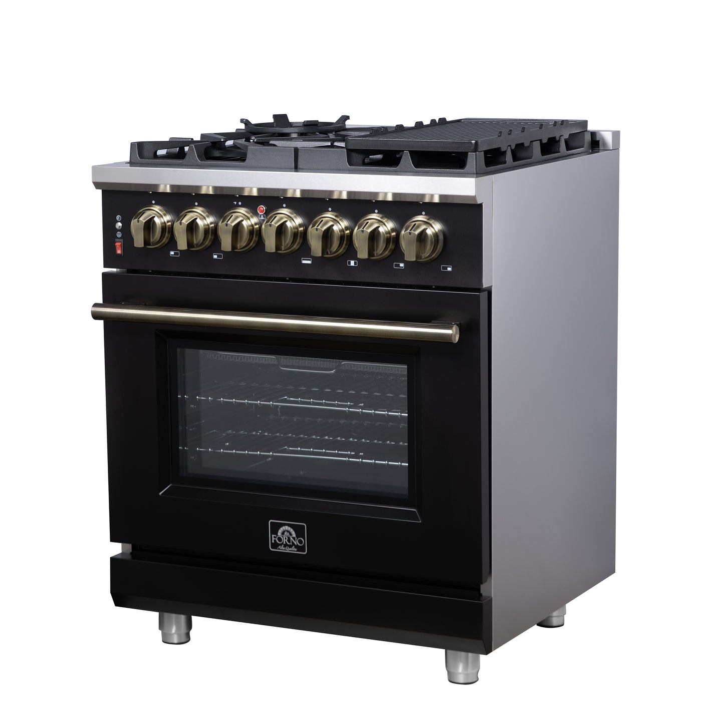 Forno Massimo 30-Inch Freestanding Dual Fuel Range in Black with Antique Brass Accessories, 4 Burners, 4.32 cu. ft. Convection Oven