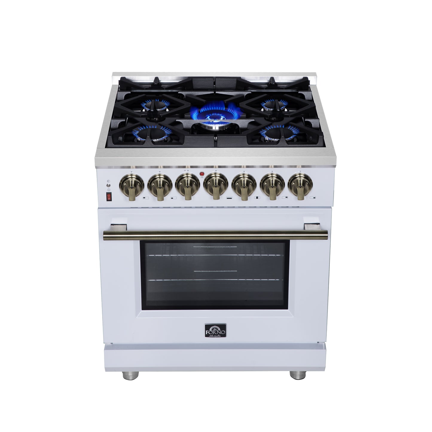 Forno Massimo 30-Inch Freestanding Dual Fuel Range in White with Antique Brass Accessories, 4 Burners, 4.32 cu. ft. Convection Oven