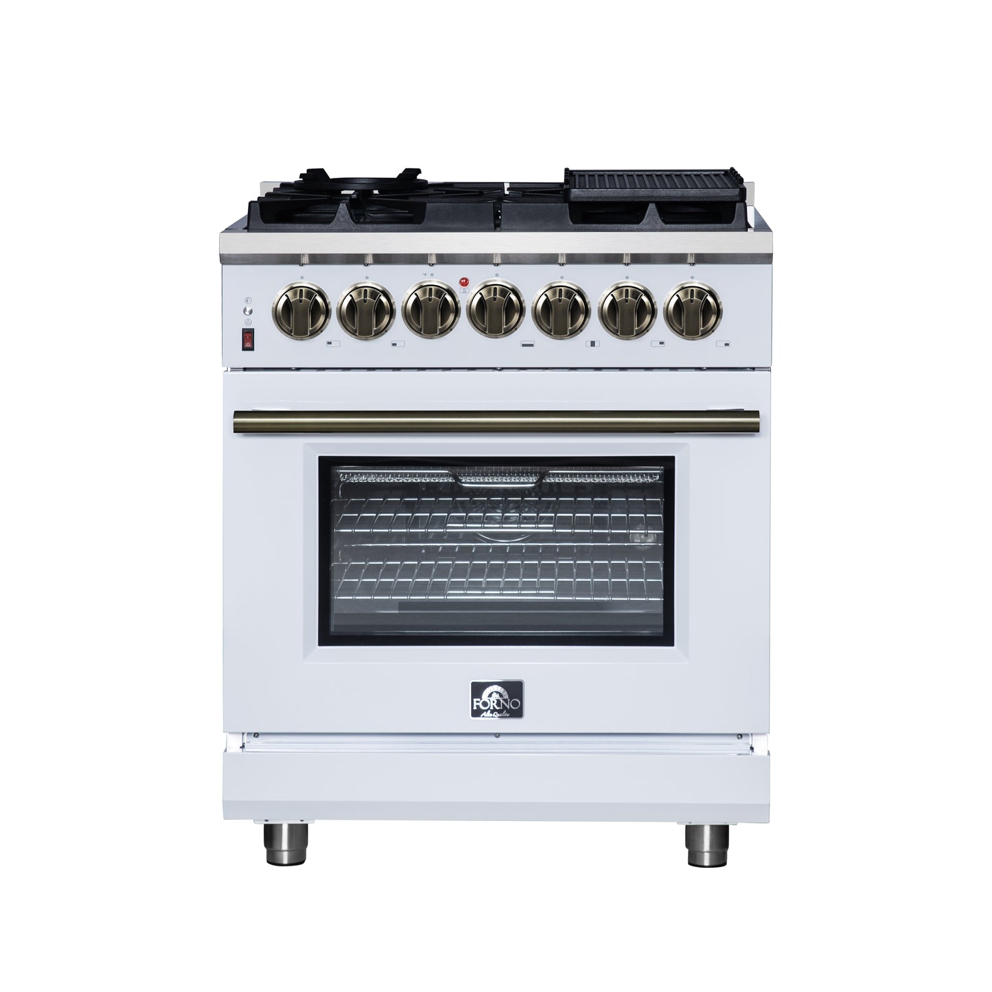 Forno Massimo 30-Inch Freestanding Dual Fuel Range in White with Antique Brass Accessories, 4 Burners, 4.32 cu. ft. Convection Oven