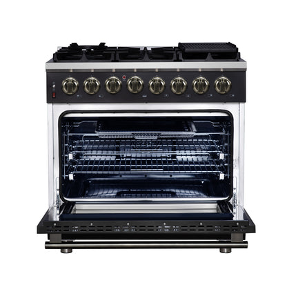 Forno Massimo 36 Inch Freestanding Dual Fuel Range in Black with Antique Brass Accessories, 6 Burners, 5.36 cu. ft. Convection Oven