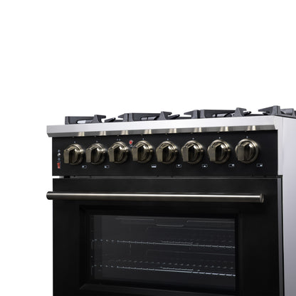 Forno Massimo 36 Inch Freestanding Dual Fuel Range in Black with Antique Brass Accessories, 6 Burners, 5.36 cu. ft. Convection Oven