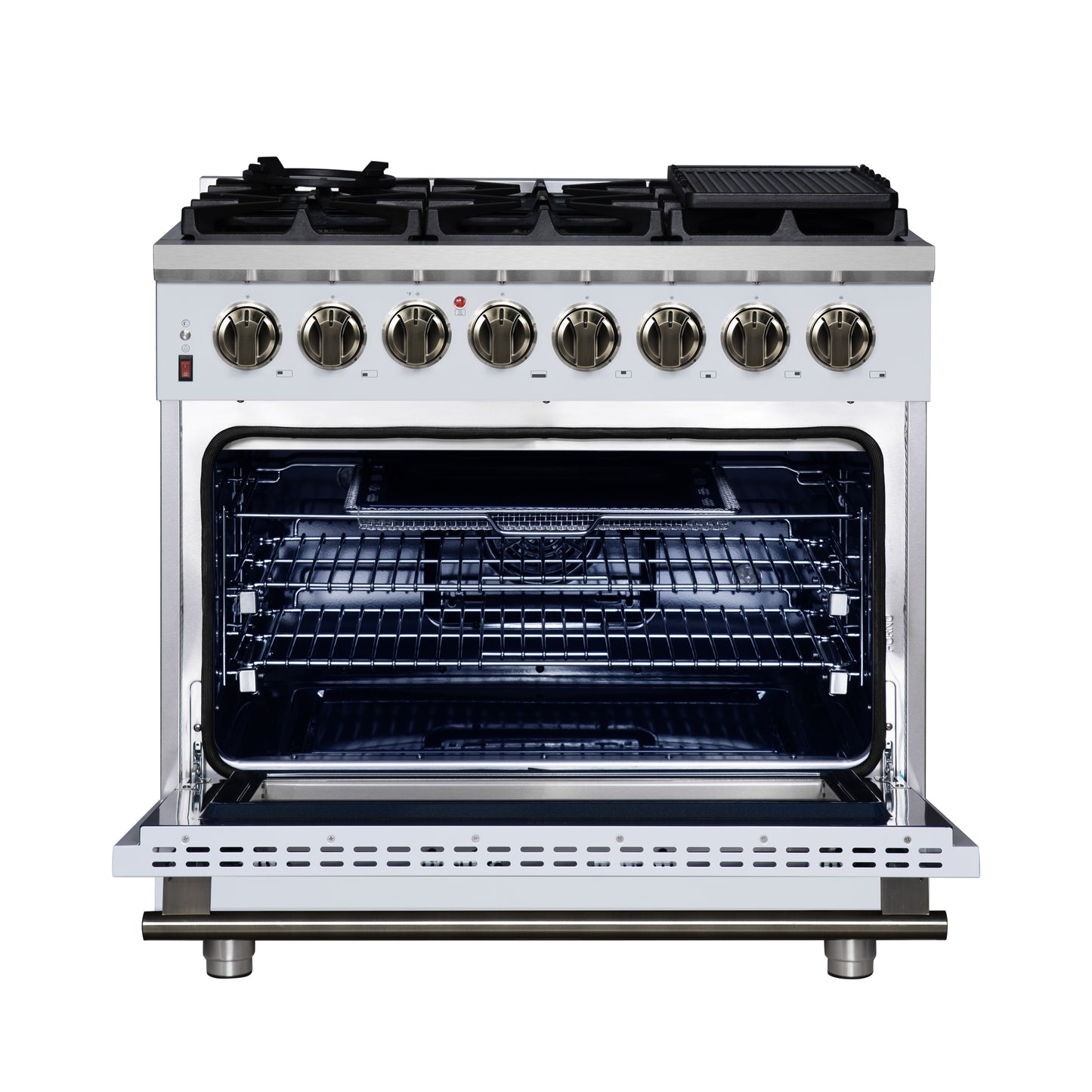 Forno Massimo 36 Inch Freestanding Dual Fuel Range in White with Antique Brass Accessories, 6 Burners, 5.36 cu. ft. Convection Oven
