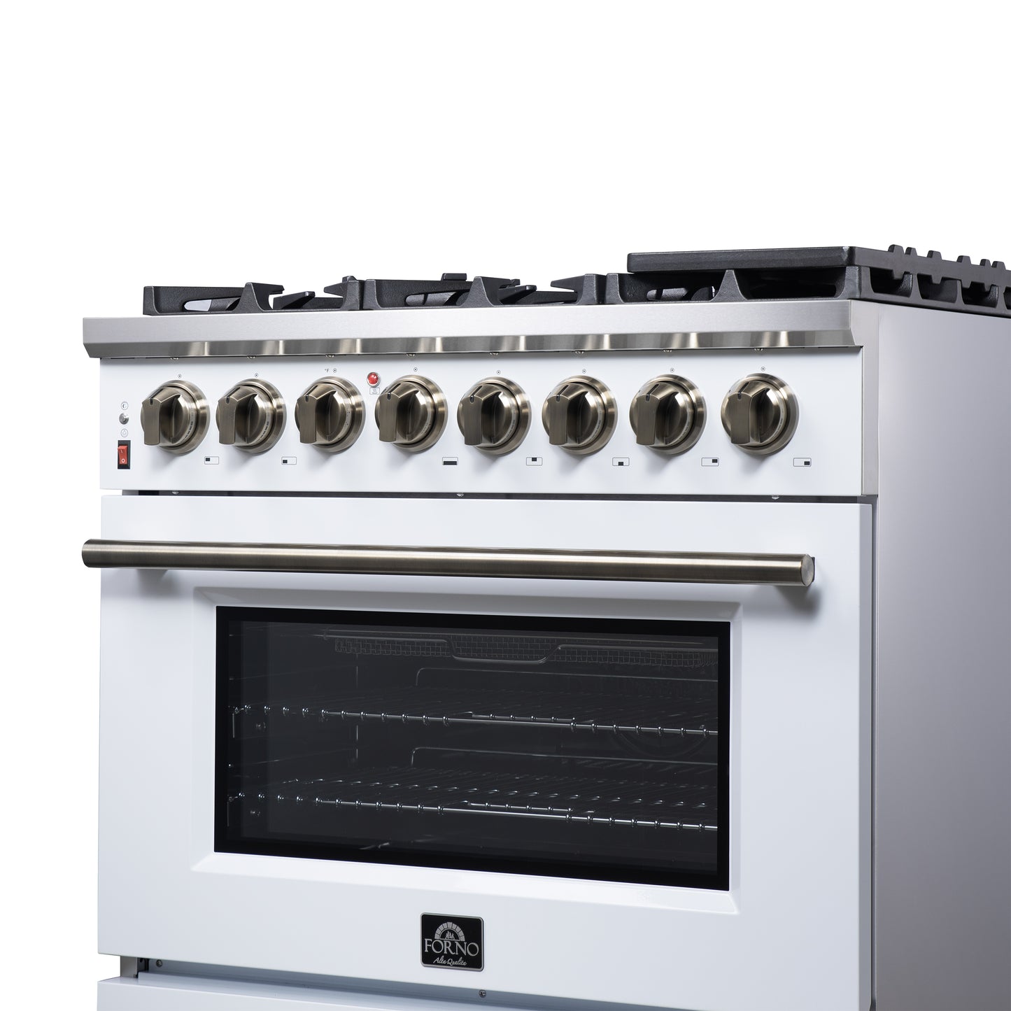 Forno Massimo 36 Inch Freestanding Dual Fuel Range in White with Antique Brass Accessories, 6 Burners, 5.36 cu. ft. Convection Oven
