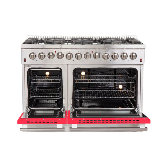 Forno Galiano 48-Inch Freestanding Dual Fuel Range, 8 Burners, Double Convection Ovens, Red Doors